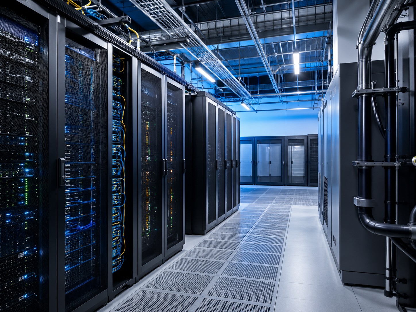 Data center cooling environment with server racks and HVAC monitoring equipment